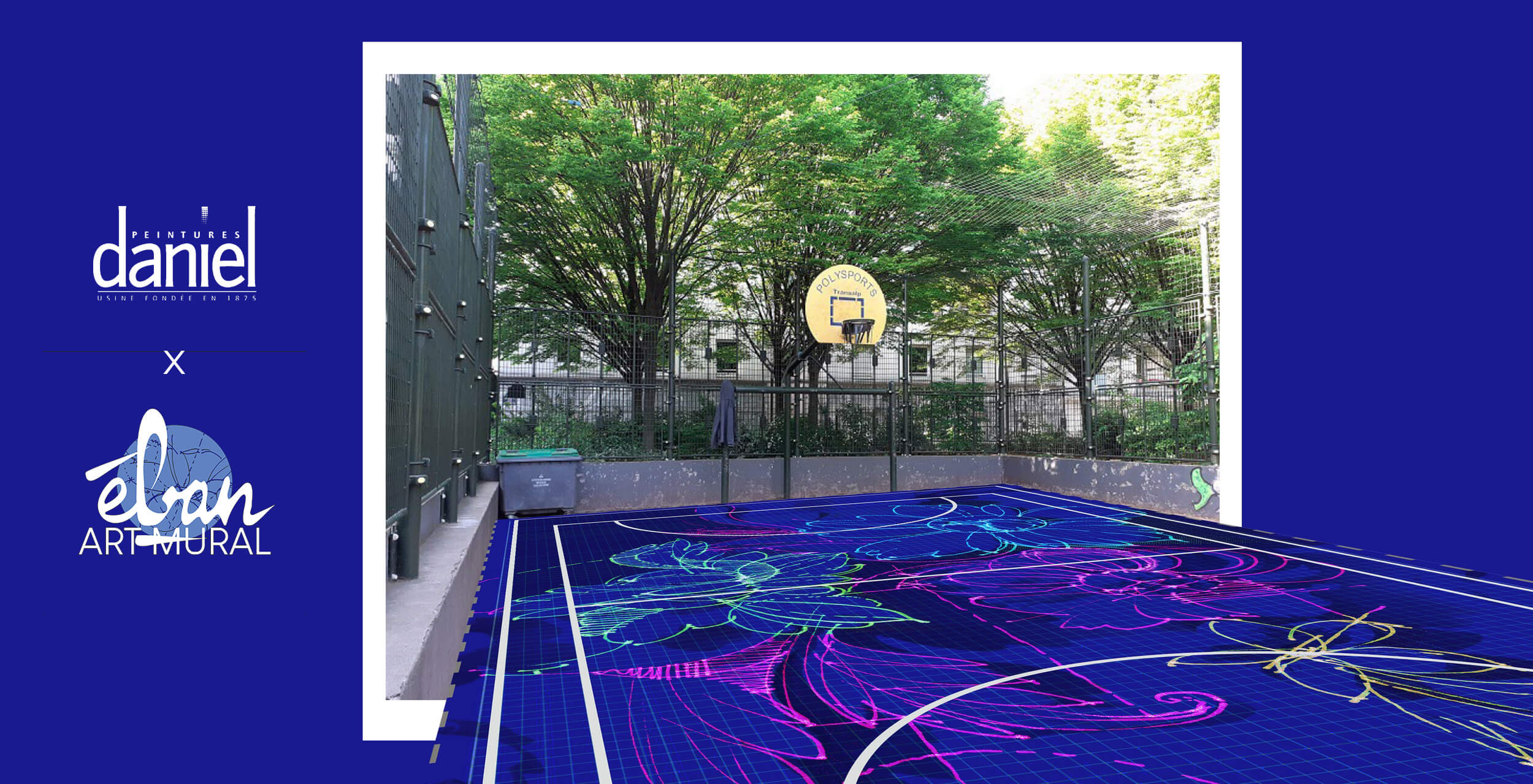 Fresque décorative sur sol de terrain de basket